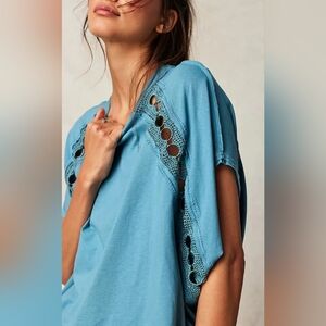 Free People Rough Around The Edges Crochet Top in Teal Blue